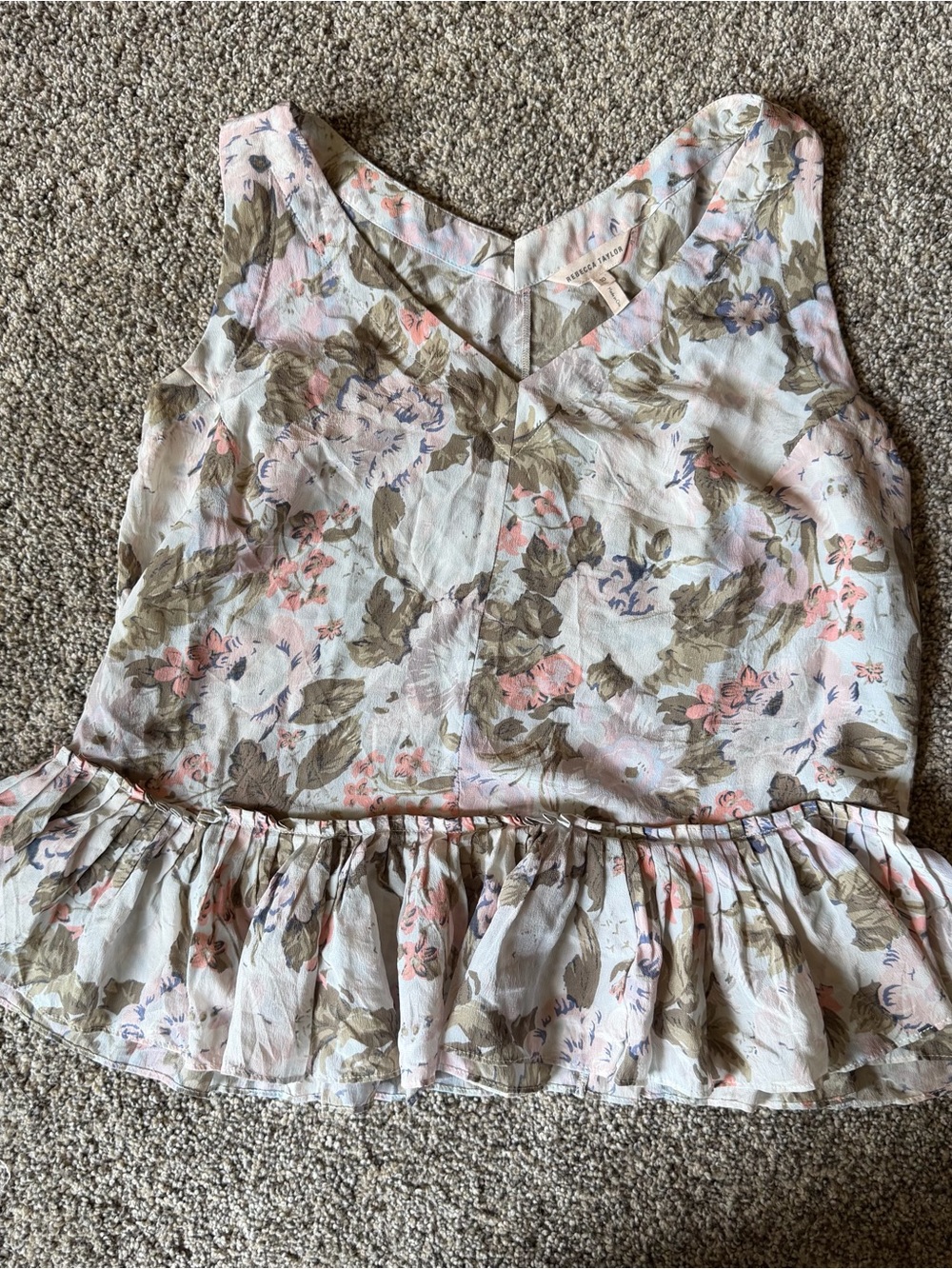 100% Silk Ruffle Top Garden Party Pastel Floral Watercolor Old Money Size 10